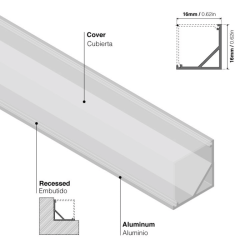 PERFIL ALUMINIO PARA CINTA LED ESQUINERO NIQUEL 16X16MM DIFUSOR TRANSPARENTE 2MTS