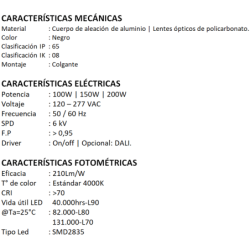 LUMINARIA LED UFO 200W 4000K 42000Lm IP65 COLOR NEGRO MODELO UFO III